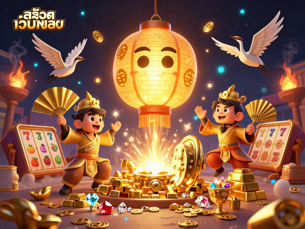Engage in thrilling สล็อตเว็บตรง action with a vibrant casino scene featuring golden lantern spirits and slot machines.