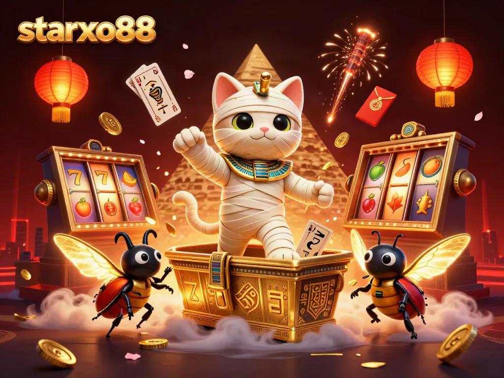 Experience the excitement of starxo88 with a mystical mummy cat bursting from a sarcophagus in a vibrant casino.
