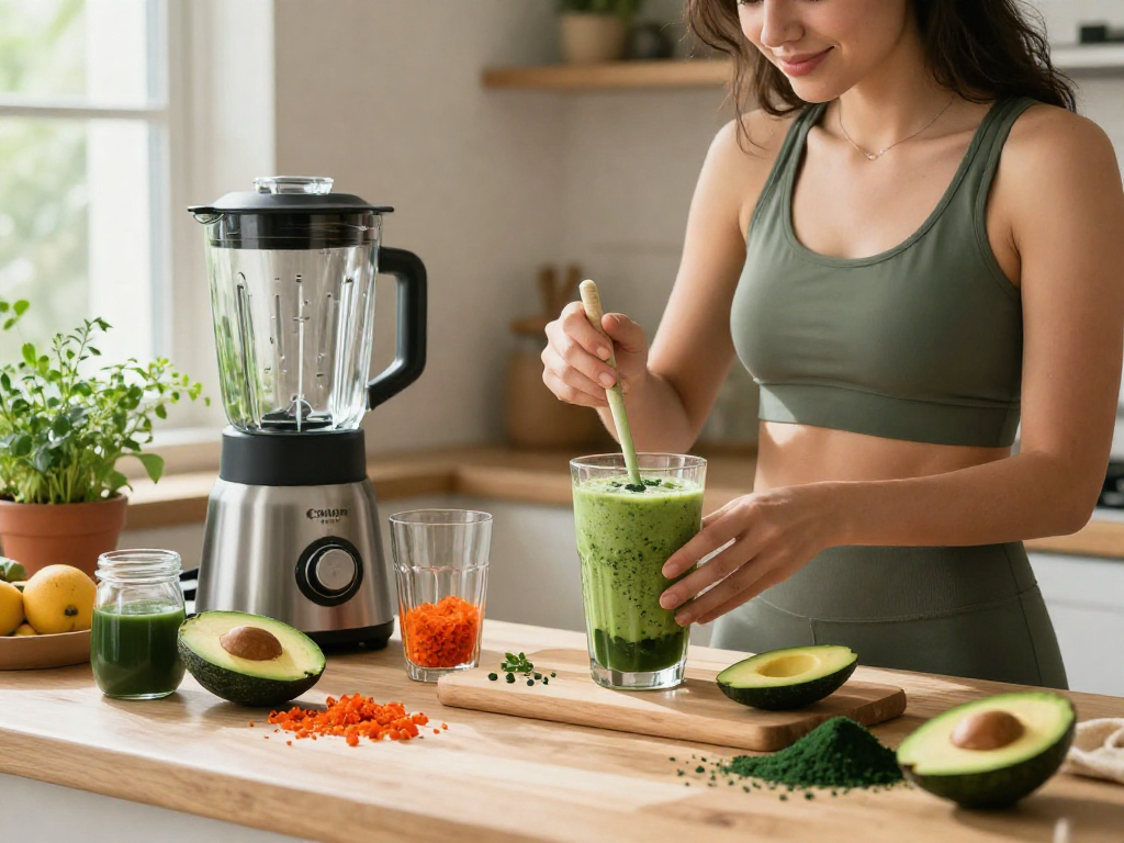Woman blending a health smoothie with natural astaxanthin sources in a bright kitchen setting.
