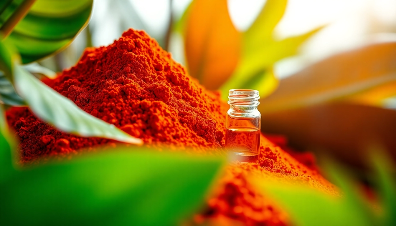 Showcasing why is astaxanthin red, vibrant astaxanthin powder next to a glass vial in a natural green setting.