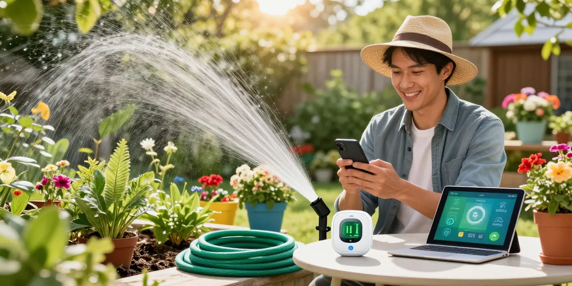 Gardener using the rainpoint wifi water timer to manage outdoor irrigation efficiently.