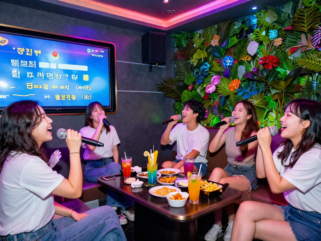 강남 달토 가라오케에서 친구들과 신나게 노래 부르는 모습, 화려한 조명과 현대적인 인테리어가 돋보임