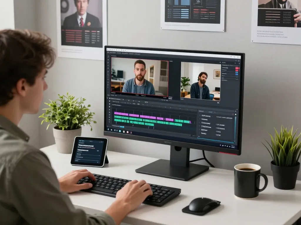 Video to promptgenerator workspace featuring professional analyzing clips and AI-generated prompts in a modern digital environment.