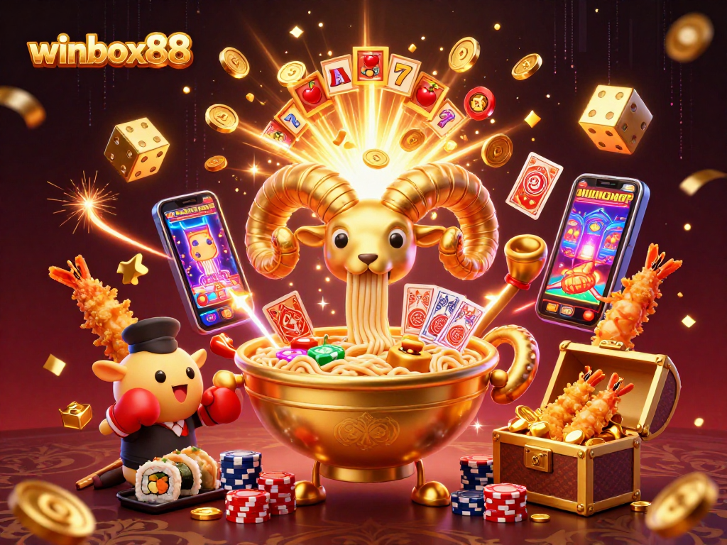 Winbox88 showcases a vibrant online casino scene with a ramen bowl dealer and exciting game elements.