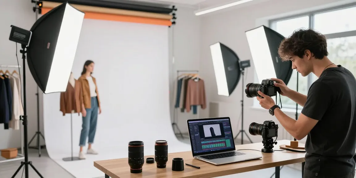 Foto ecommerce di un fotografo professionista nello studio mentre realizza scatti di moda di alta qualità.