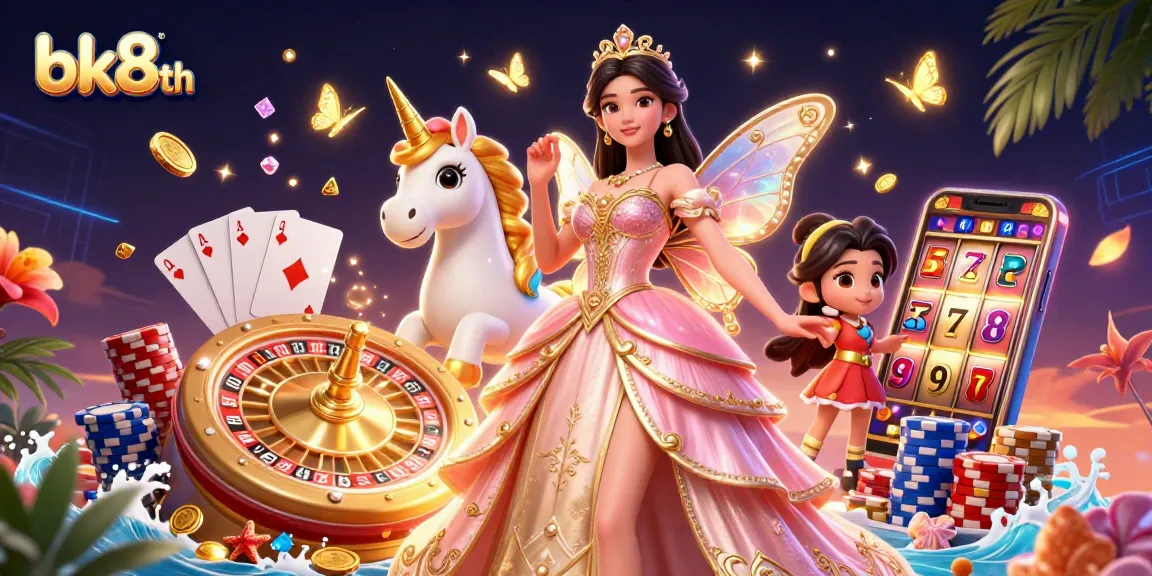 Spin vibrant bk8th slots featuring a glamorous princess, golden unicorn, and dynamic casino elements in a dazzling 3D scene.