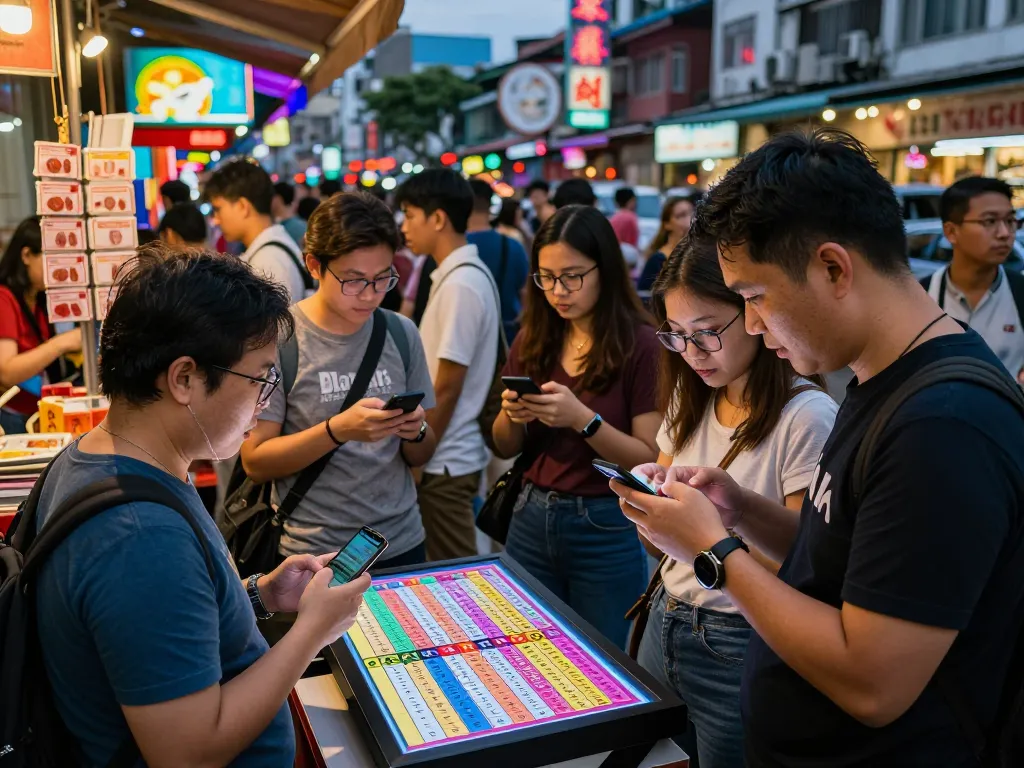 Excited players discussing Data HK results for Togel Hongkong in a lively street scene at night.