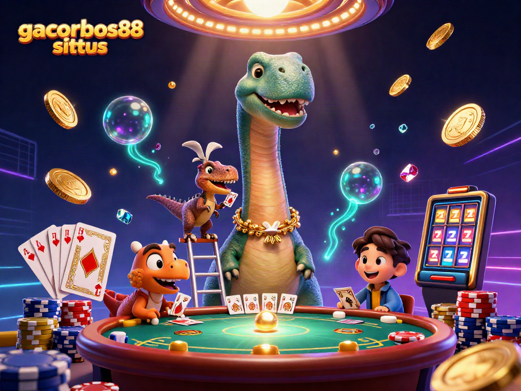 Experience the excitement at gacorbos88 situs with a playful casino scene featuring brilliant 3D characters and dynamic elements.