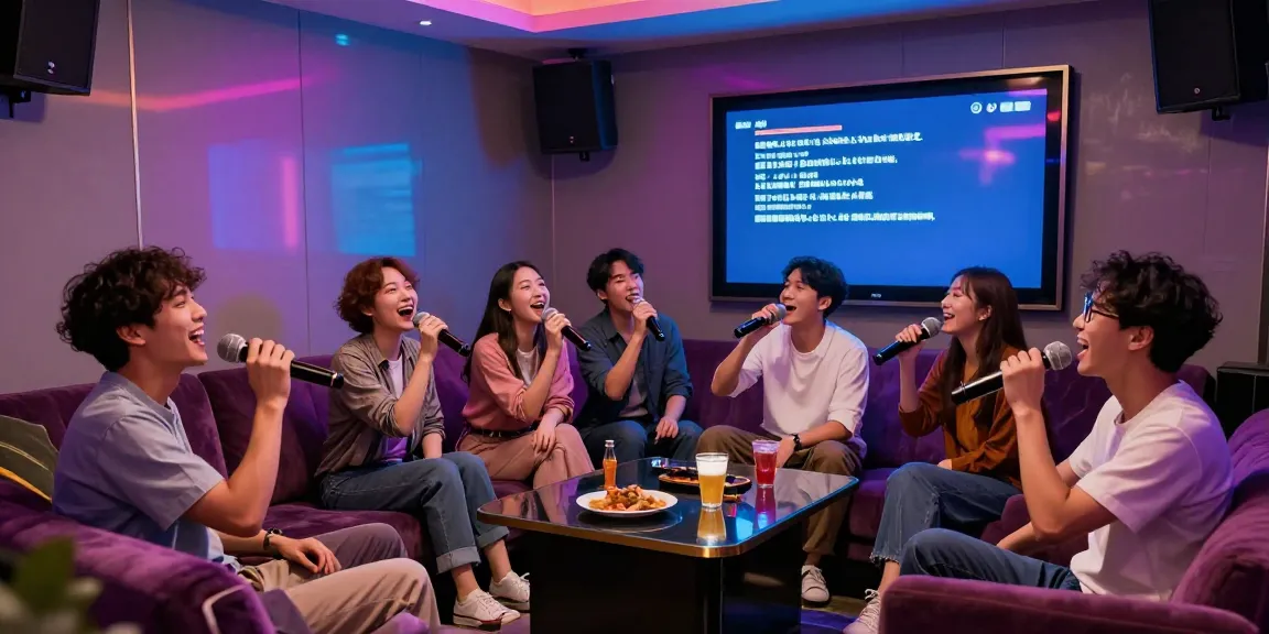 도파민 가라오케에서 즐거운 분위기 속 친구들과 노래하는 모습
