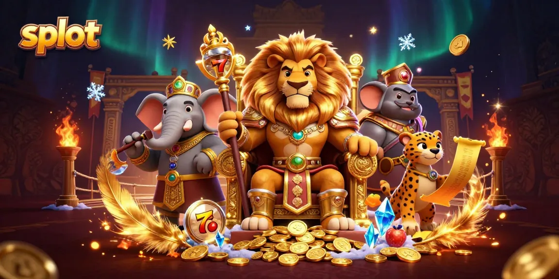 Spin slots for big wins with a regal lion and energetic characters in a dynamic casino scene.