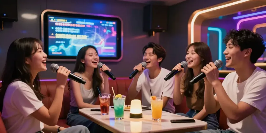 달토에서 친구들과 즐거운 시간을 보내는 모습, 화려한 조명과 함께한 노래방의 생동감 넘치는 분위기.
