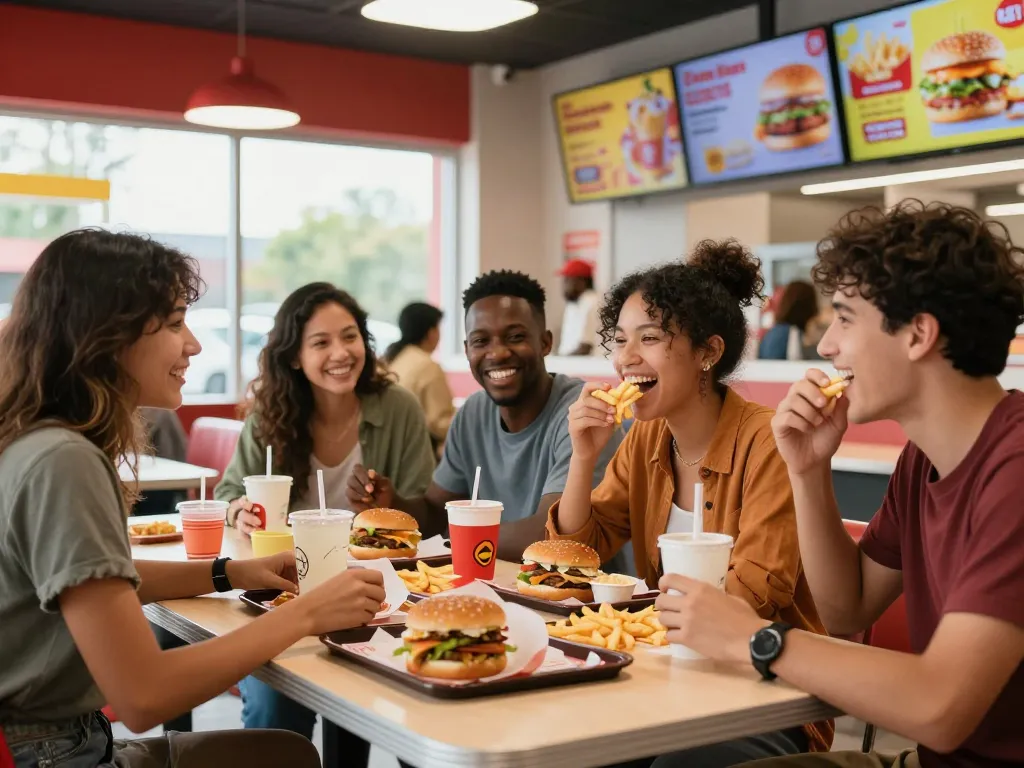Friends enjoying fast food prices at a modern restaurant table with vibrant decorations.
