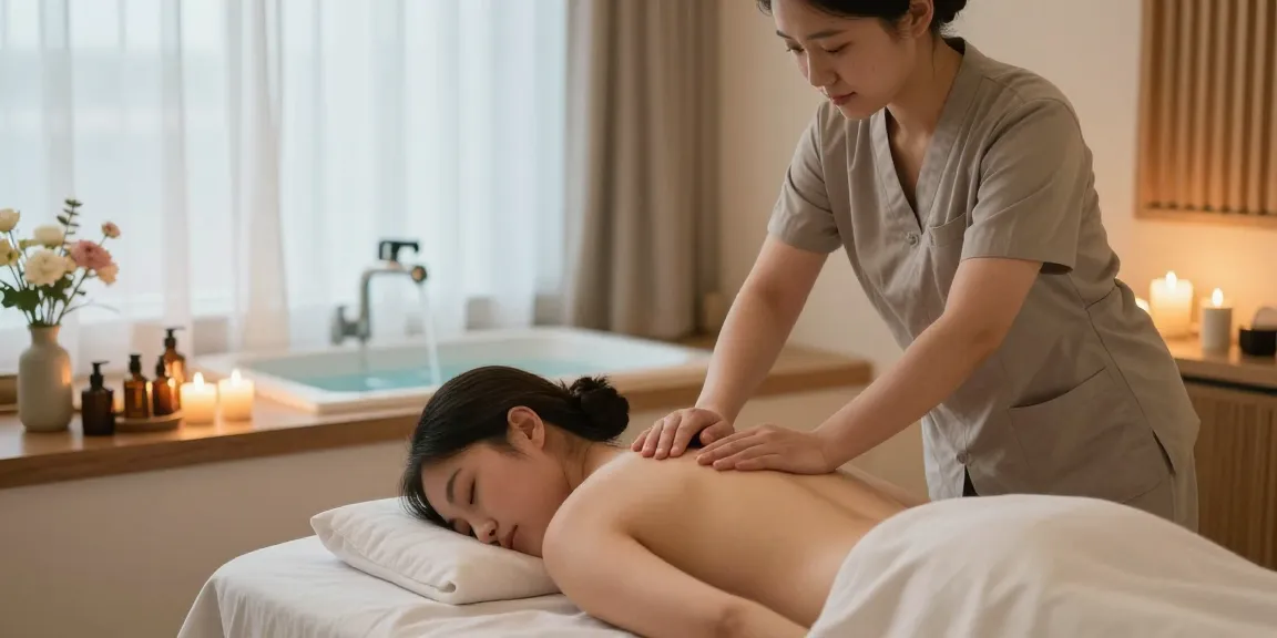 Tranquil 강남출장마사지 scene with therapist performing massage therapy in serene spa setting.