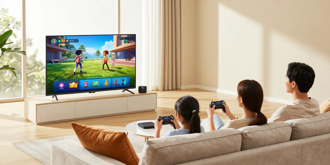 A family enjoying IRON TV entertainment in a cozy living room with 4K content displayed.