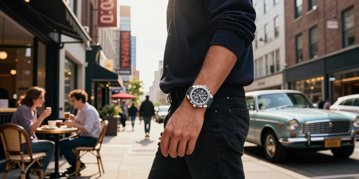 Stylish individual showcasing super clone watches while walking in a vibrant urban setting.
