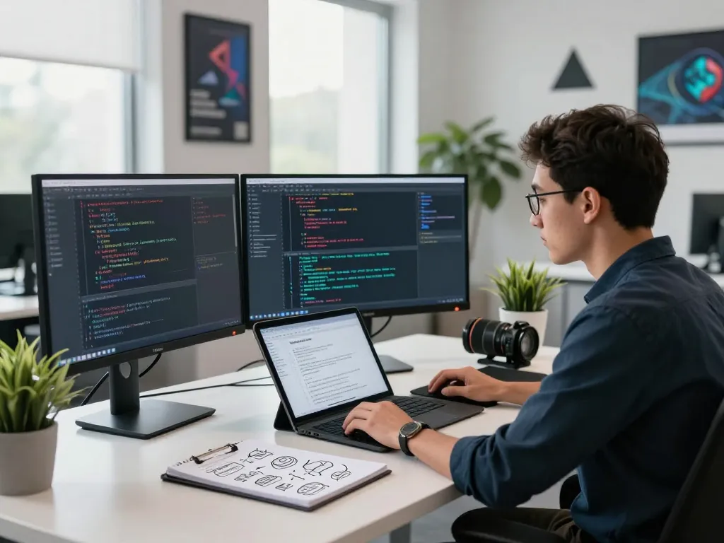 Smart contract mining in a high-tech office environment with a developer coding blockchain algorithms.