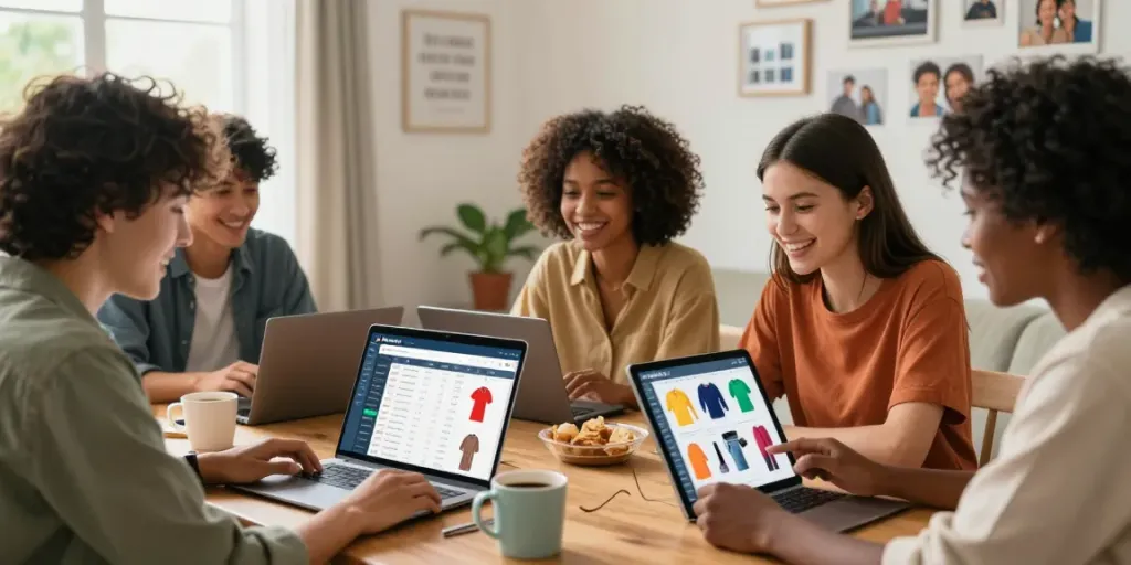 Diverse shoppers enthusiastically exploring a kakobuy spreadsheet online in a cozy home setting.