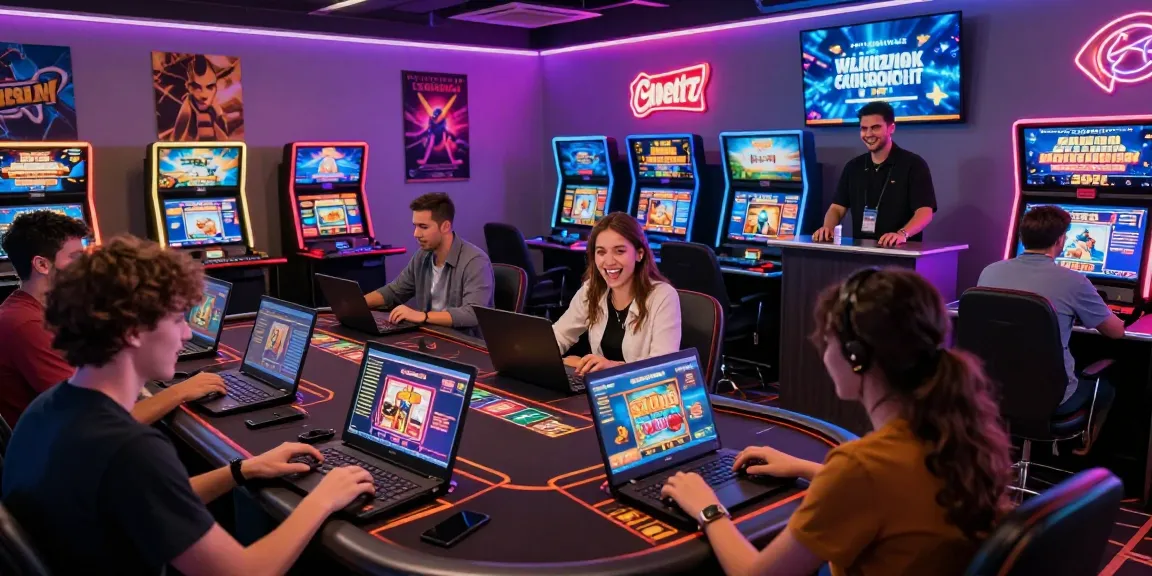 Players engaged in rokok88 login at a vibrant online casino setup with colorful screens and dynamic lighting.