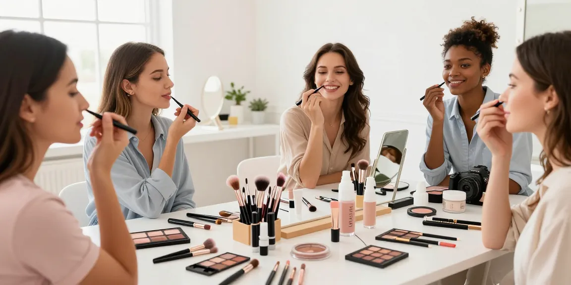 Makeup workshop scene with diverse participants applying a tattoo eyeliner pen and using Skone Cosmetics products.