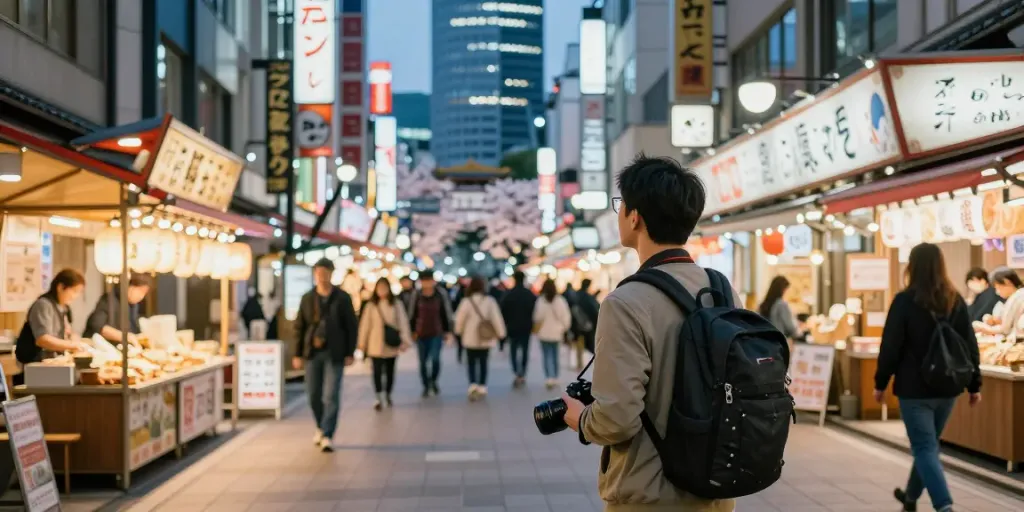 Traveler enjoying dynamic travel destinations in Tokyo's vibrant night streets.