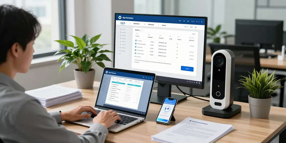 Demonstration of an age verification system in a modern office setup with biometric technology and compliance dashboards.