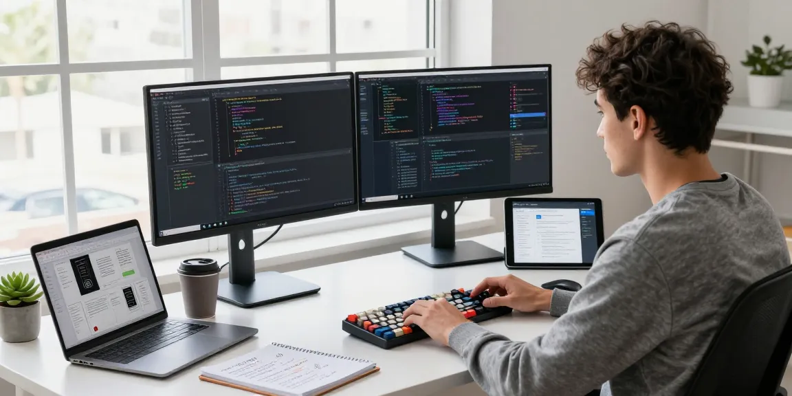 Interactive coding workspace with developer focused on multiple monitors showcasing 纸飞机中文版官网 interfaces and prototypes.