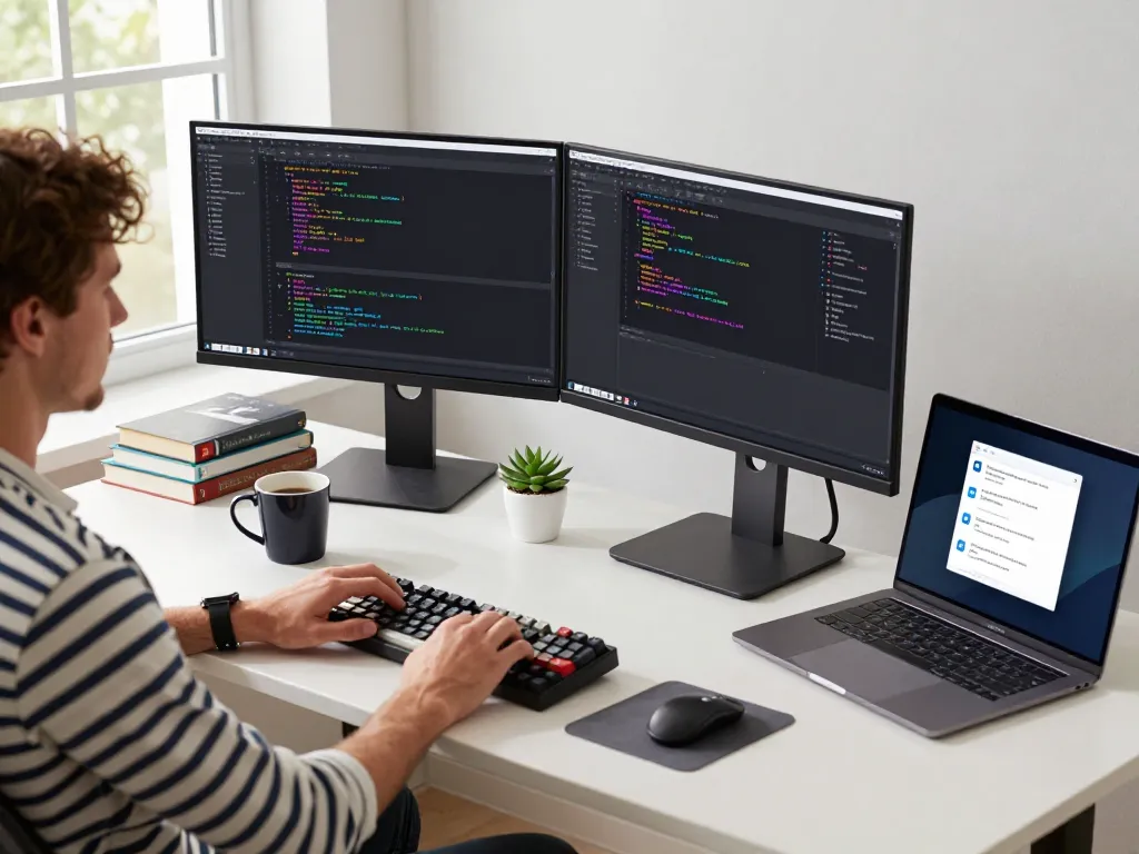 Moltbot AI developer workspace with dual monitors and coding tools in a modern office setting.