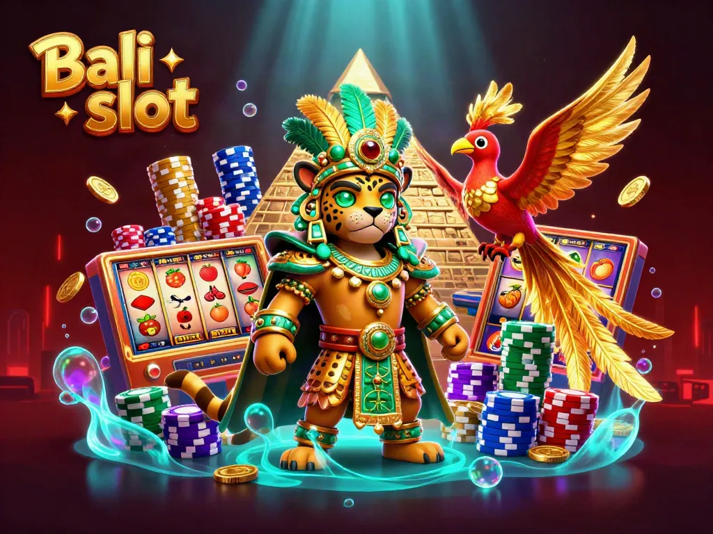 Experience the excitement of Bali slot with vibrant illustrations of a Mayan jaguar priest and casino elements.