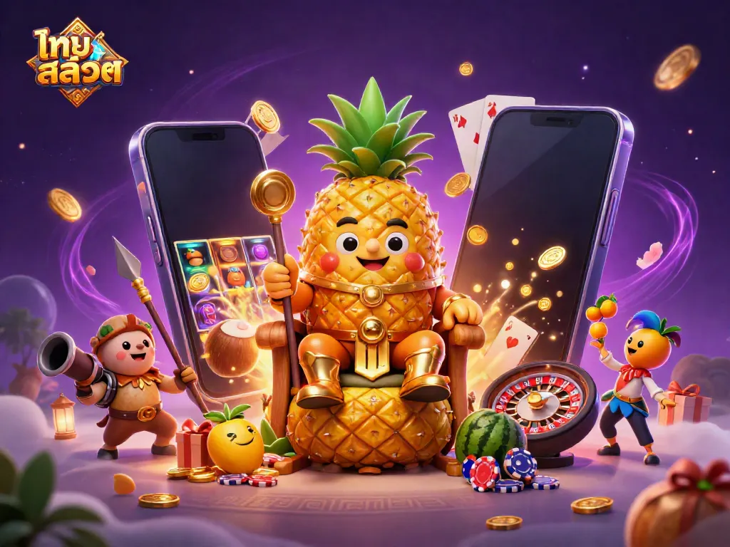 Experience thrilling ไทย สล็อต gameplay with a 3D golden pineapple king and vibrant casino elements.