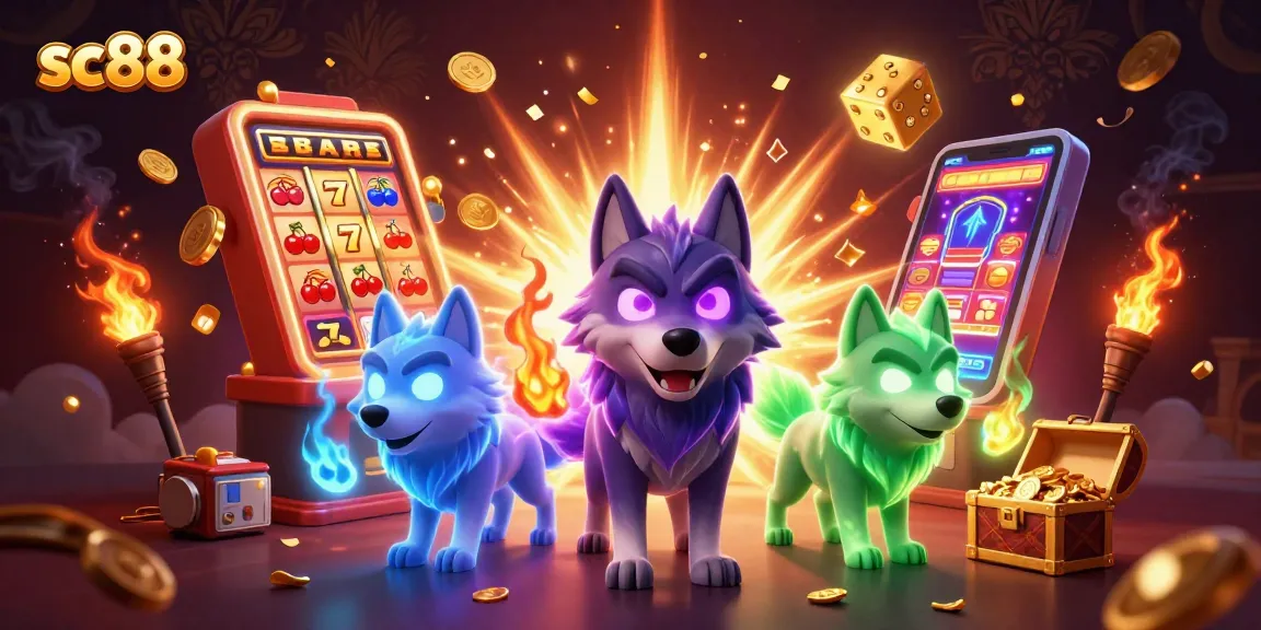 sc88 showcases a vibrant 3D casino scene filled with engaging slot machines and charismatic wolves.