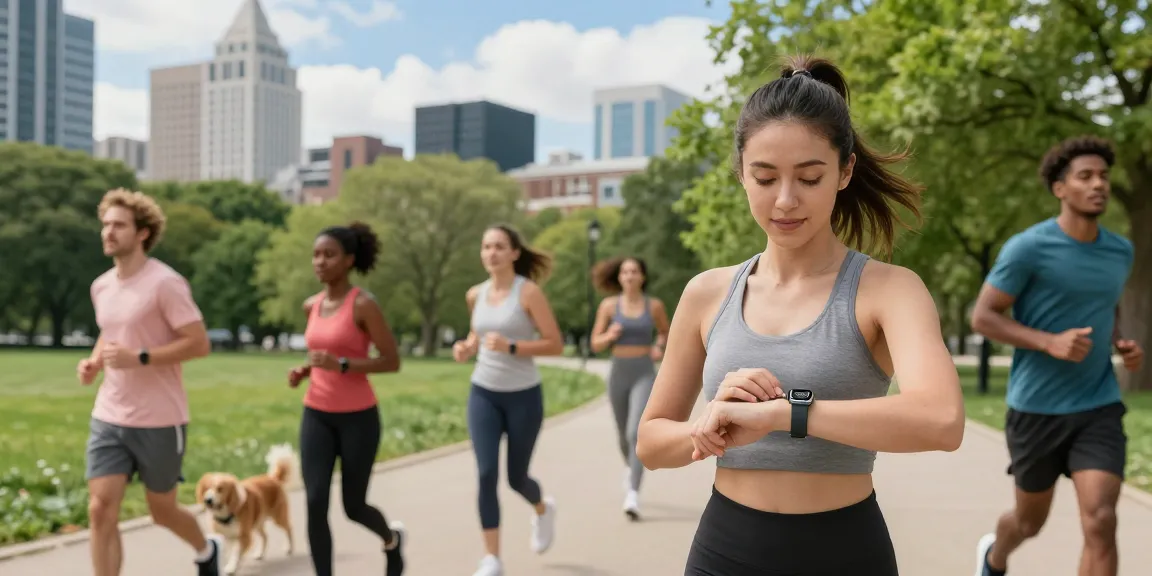 Menampilkan aktivitas sehat menggunakan https://www.polarfitbitshop.com/fitbit-luxe/ di taman kota dengan orang-orang berolahraga dan menggunakan smartwatch.