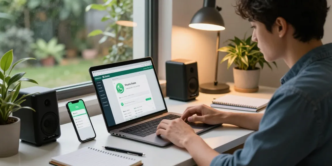Professional using WhatsApp網頁版 on a laptop in a bright home office.