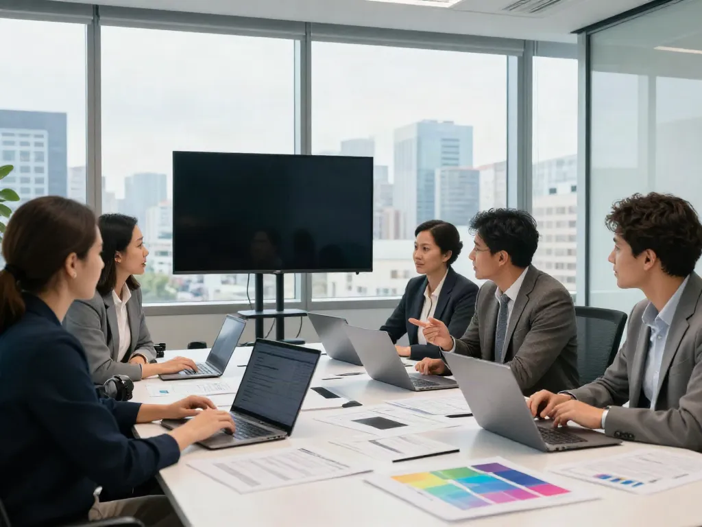 Engaged team at a turnaround consulting firm analyzing financial data in a bright conference room.