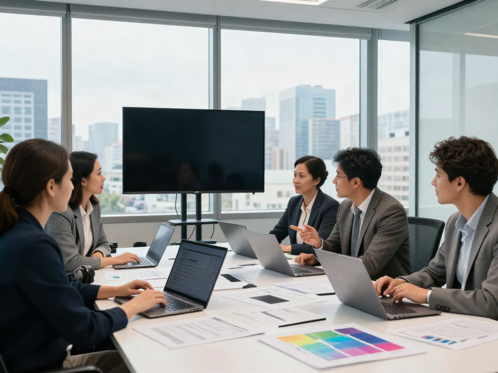 Engaged team at a turnaround consulting firm analyzing financial data in a bright conference room.