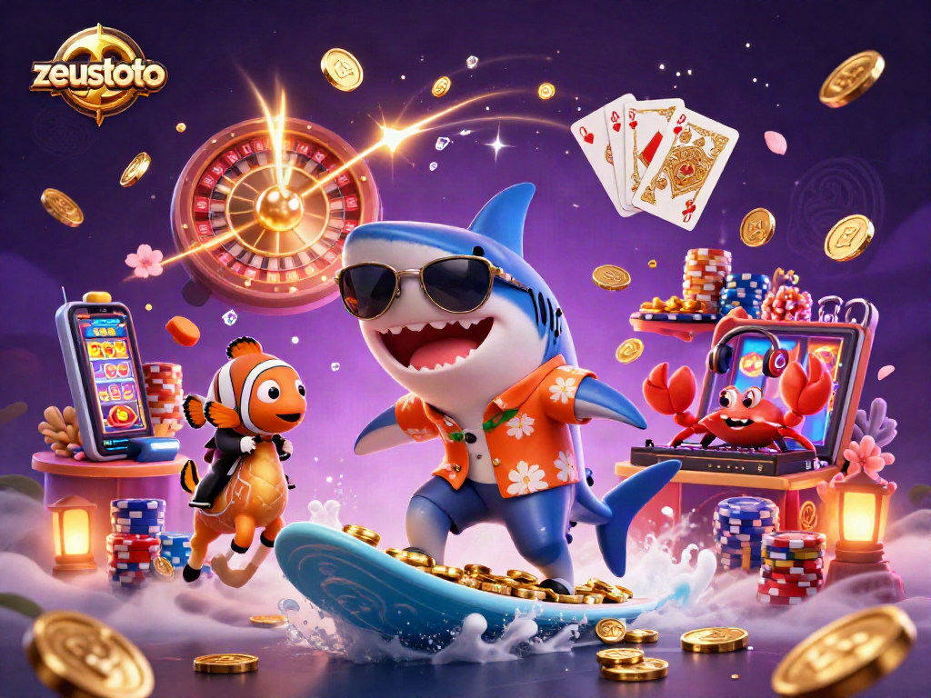 Experience zeustoto with a thrilling casino scene featuring a cartoon shark and vibrant game elements.
