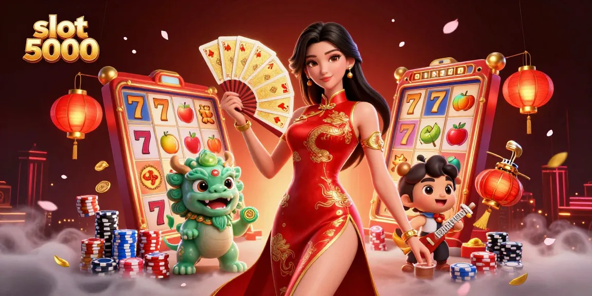 Engage with the slot 5000 scene featuring an elegant woman, golden coins, and vibrant slot machines!