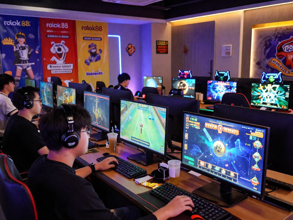 Players engaging in online games at a gambling lounge featuring rokok88 link alternatif promotions in a vibrant atmosphere.