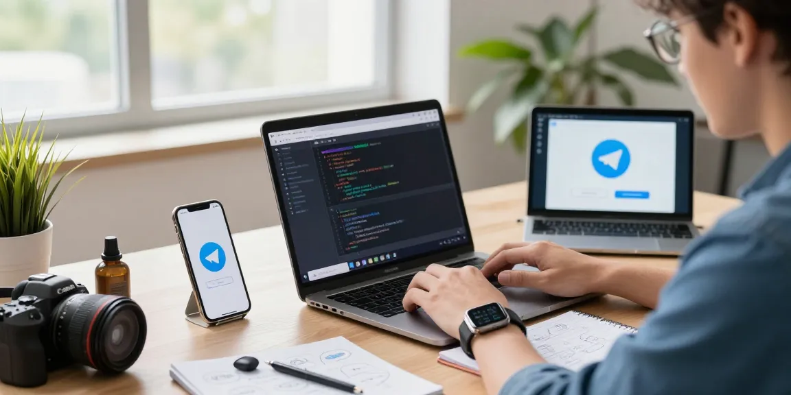 Explore the 纸飞机中文版官网 with modern tech workspace featuring Telegram on multiple devices.