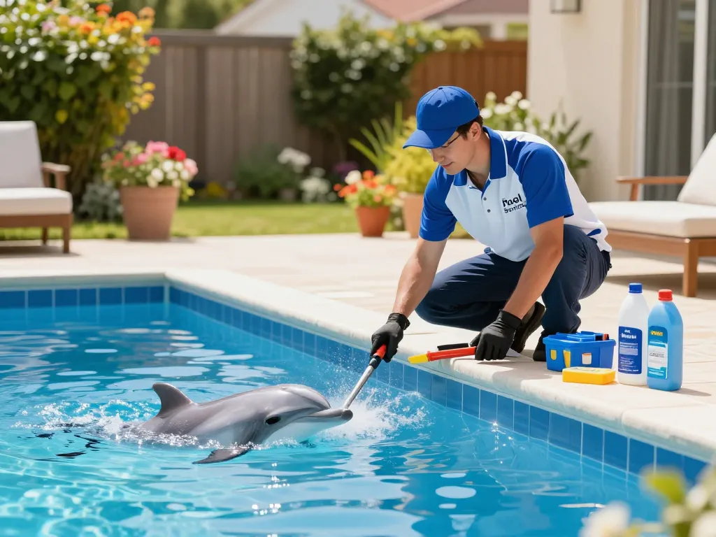 Dolphin Pool Services technician cleaning a residential pool, showcasing professional equipment and a vibrant backyard atmosphere.