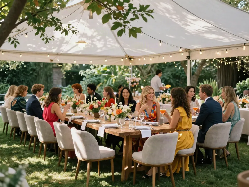 Event furniture rental setup for an elegant outdoor celebration with stylish tables and chairs.