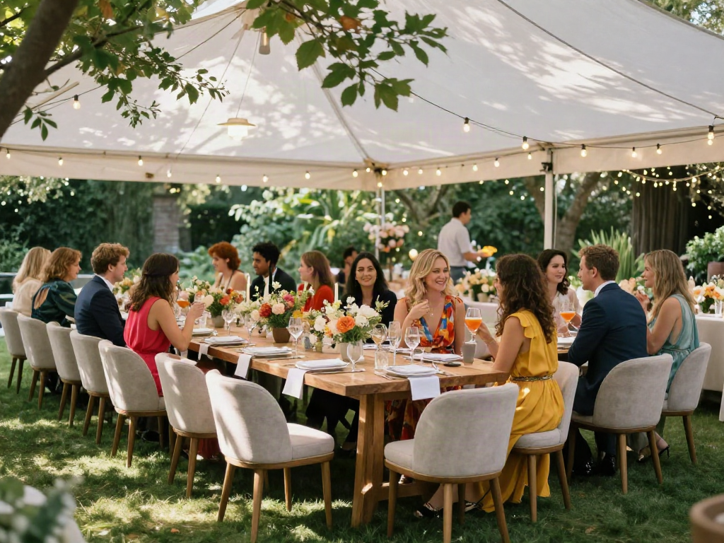 Event furniture rental setup for an elegant outdoor celebration with stylish tables and chairs.