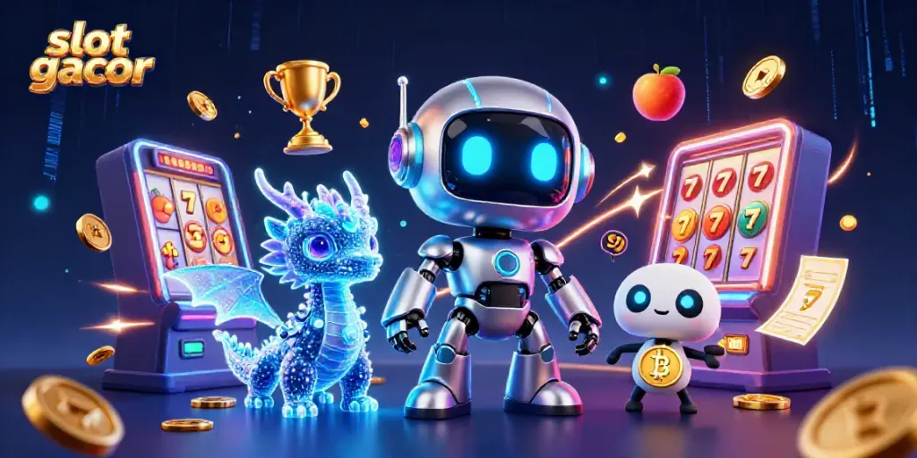 Engage with top "slot gacor" action in a dynamic 3D casino scene featuring vibrant characters and gaming elements.