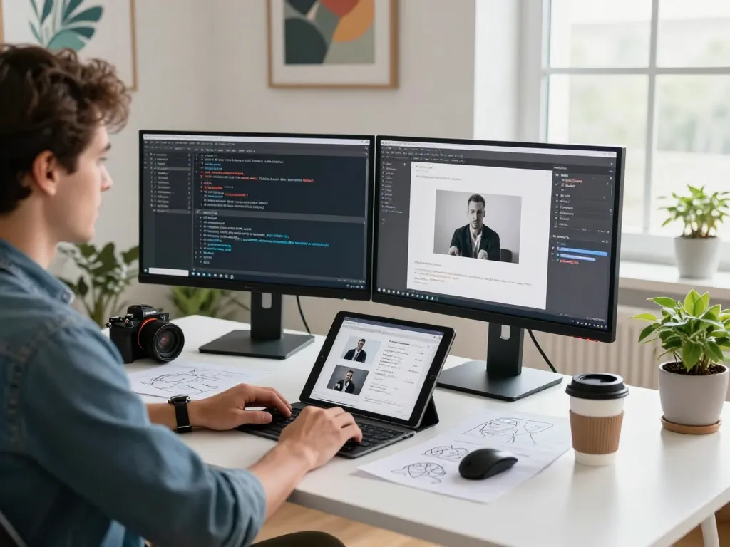 Creative workspace showcasing the image to prompt ai tool in action, featuring vibrant displays and modern aesthetics.