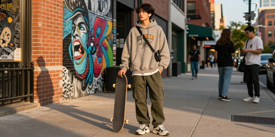 Stylish urban individual in streetwear showcasing 레플리카 fashion on vibrant city sidewalk