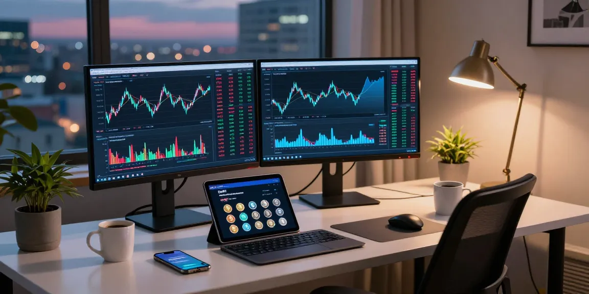 HCNWF stock price displayed on dual monitors in a dynamic crypto trading workspace with digital wallet and DeFi dashboard.