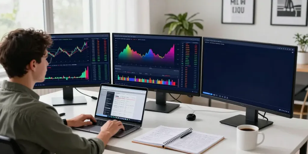 Trader utilizing TradingView with multiple monitors displaying charts and market data in a bright workspace.