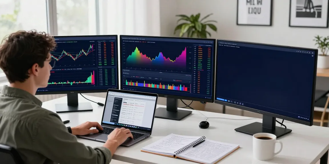 Trader utilizing TradingView with multiple monitors displaying charts and market data in a bright workspace.