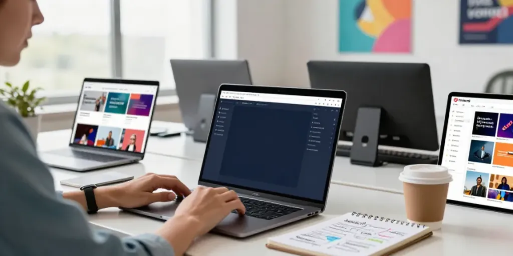 Generate product titles with AI in a professional e-commerce workspace featuring a creative product title generator software on a laptop.