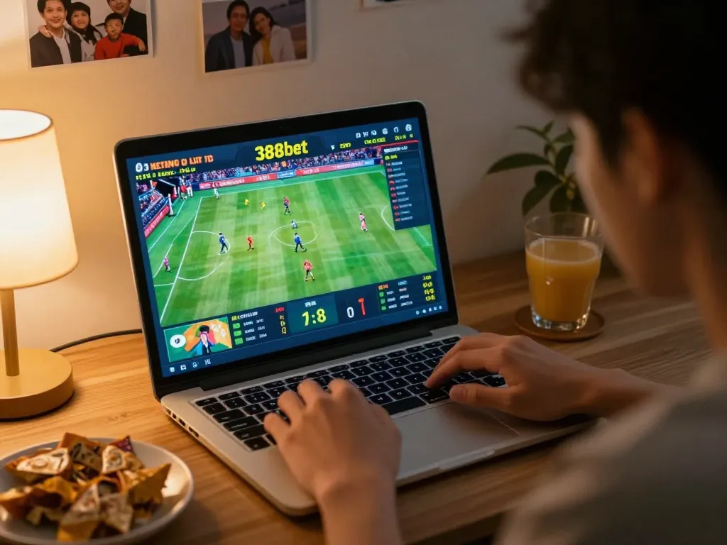 Engaging in live sports betting on 388bet platform at home, showing excitement and strategy.