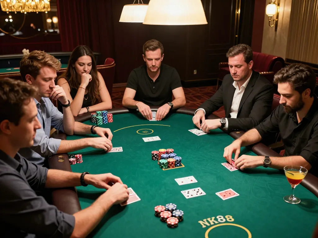 NK88 poker players strategizing in a luxurious private room setting.